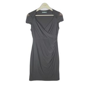 Lauren Ralph Lauren Dress Black 10P Ruched Faux Wrap Sheer Sleeve Career